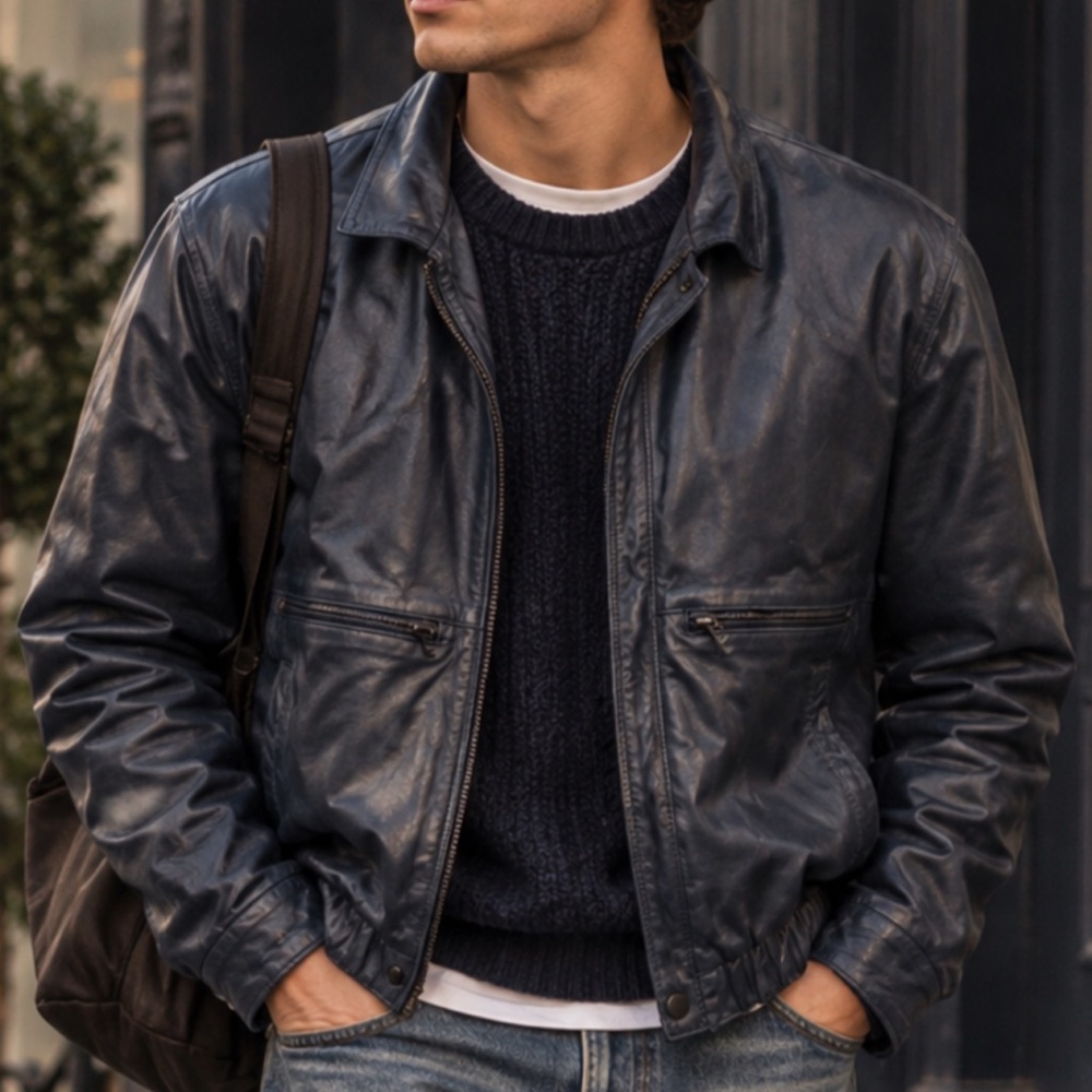 Vintage Men’s Tip Top of California Dark Navy Genuine Leather Bomber Jacket - M